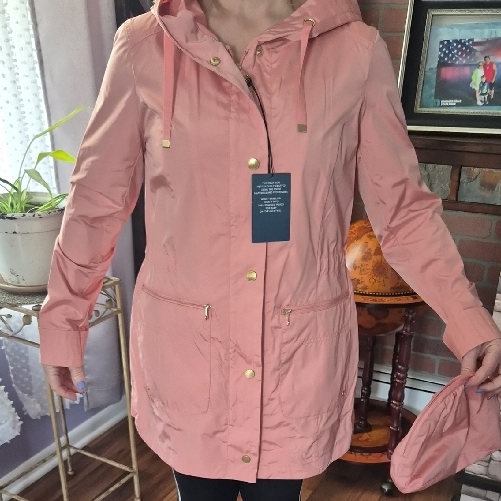NWT COLE HAAN Women's Portable RAIN Pink Hooded Jacket PTP 19,5, LENTH 30